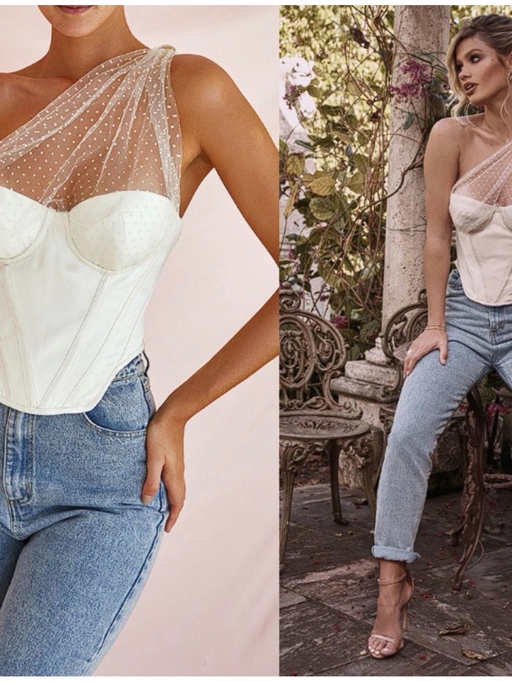 RARE House of CB Ivory One-Shoulder Sheer Mesh Corset Camisole
